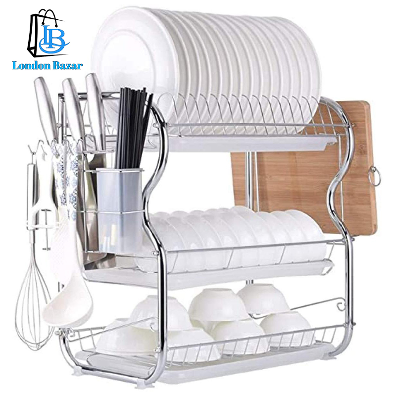 3 Tier Dish Drainer Rack With Drip Tray Kitchen Drying Rack Bowl Plate Holder UK